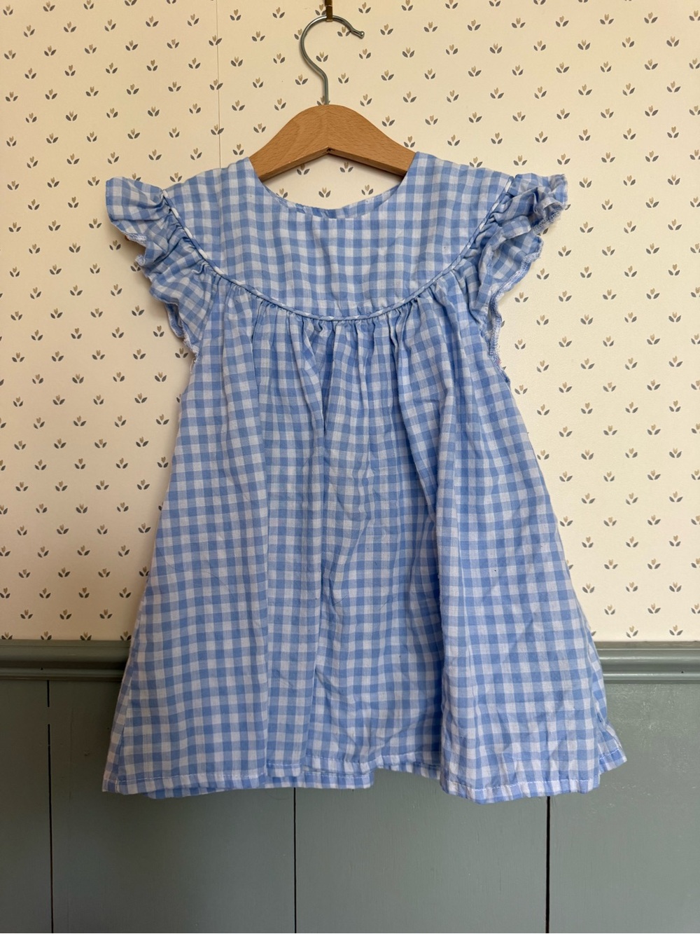 Blue Gingham Ruffle Sleeve Dress